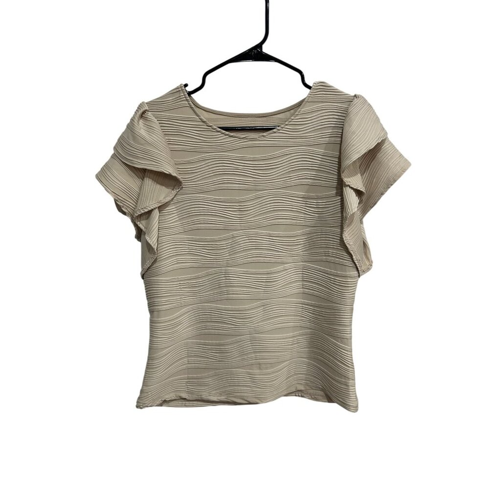 Womens Beige Ruffled Cap Sleeve Textured Top Size L Stretch Cottagecore Romantic